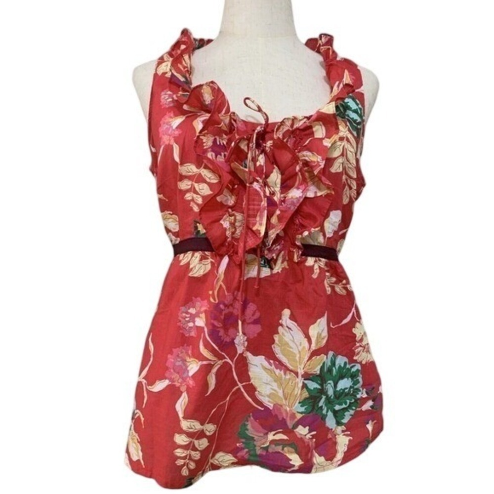 Y2K Edme & Esyllte Floral Top Red Ruffle Lace Up Waist Tie Sleeveless Women’s 8